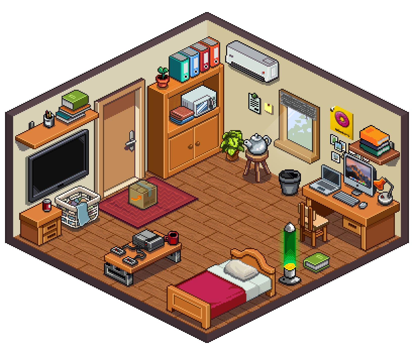 O quarto do pato mobiliado: o pato no meio do quarto, a escrivaninha com computador, a cama, a estante, a TV, o videogame e a luminária de lava