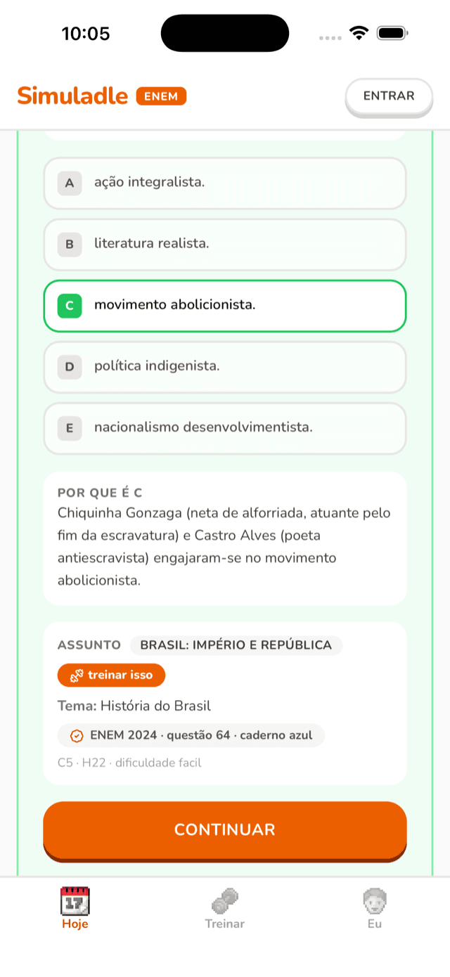 Tela de resultado com a alternativa correta, a explicação e o assunto